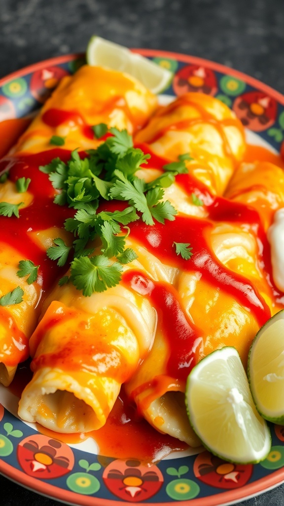 Crab enchiladas topped with cheese and sauce, served with sour cream and lime.